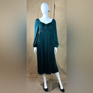 By The River-Hunter Green w Teal Empire Waist Midi Dress - Size S - NWT